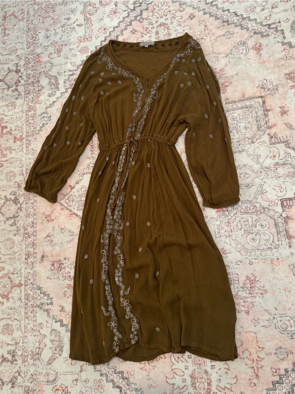 Cost Plus World Market Brown Embroidered Long Sleeve Midi Dress